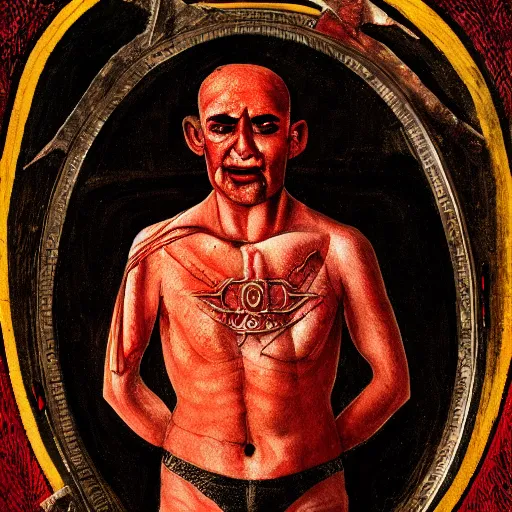 Image similar to portrait of alexander abdulov, with a red eyes, satanic body, head of old man, in blood of sinners, hellish style