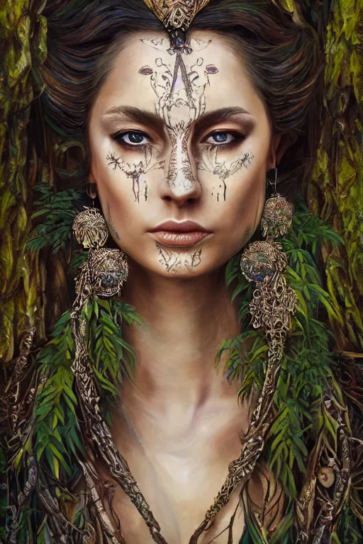 Image similar to oil painting of beautiful fantasy female warrior in the forest, symmetrical face, beautiful face, intricate jewellery, filigree armour, ethnic tattoos, big earrings, shining eyes, crystals, covered in plants, mystical trees, realistic oil painting, baroque, renaissance painting, dramatic, cinematic light, trending on artstation, rule of thirds, highly detailed, 8 k