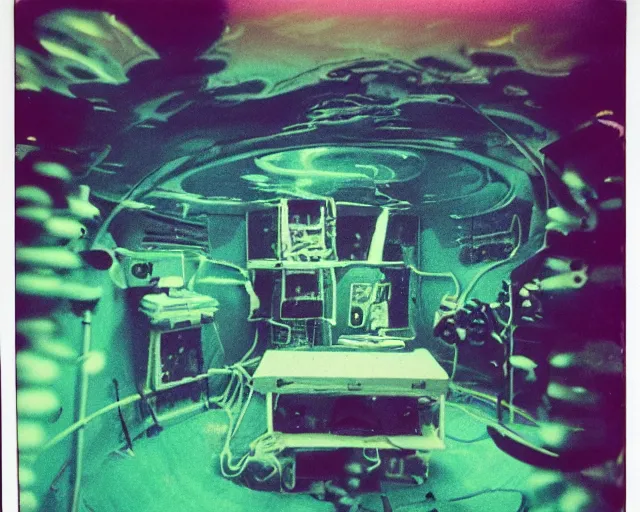 Prompt: wide angle, under water deep sea laboratory, at night, colorful lo fi, polaroid 6 0 0, 1 9 7 5 lightning, data bending, vhs artifacts, vintage science fiction, aquatic plants, colorful swirls of paint, movie set, film noir