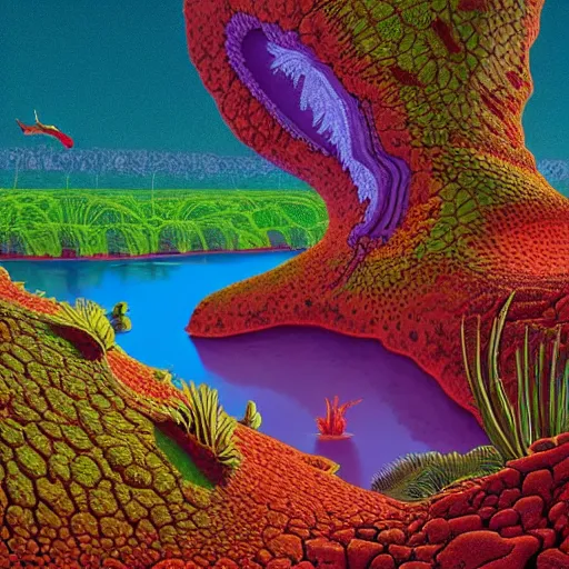 Prompt: striking colours vivid gaps holes neonothopanus creatures landscape art by roger dean, valley jagged arches, reflections, art by michael whelan, liquidart organic textures, seedpods, art by kilian eng, moebius artwork, futuristic by roger dean hires 8 k detailed natural textures