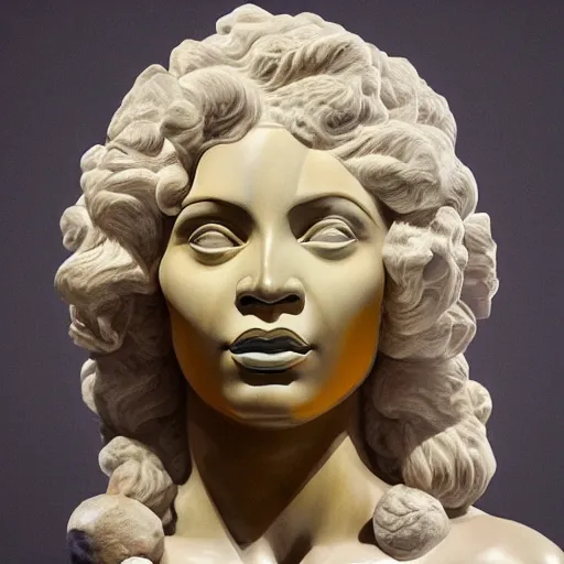 Prompt: Beyonce as a beautiful marble bust of the goddess of the moon, with ribbons in the style of Escher, by Michelangelo