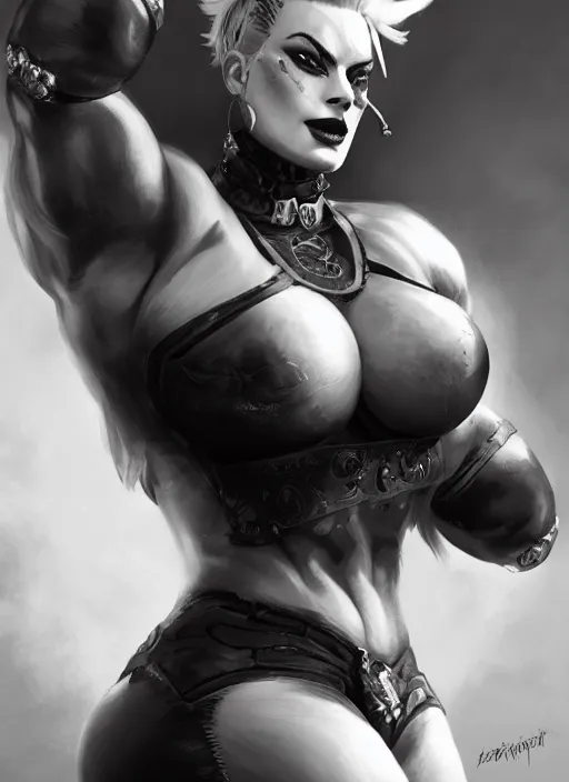 Image similar to detailed portrait of margot robbie as a thick female bodybuilder goth zarya from overwatch, attractive, beautiful, fantasy, intricate, elegant, highly detailed, digital painting, artstation, concept art, matte, sharp focus, illustration, art by aenaluck, artgerm and roberto ferri and greg rutkowski, epic fantasy, digital painting