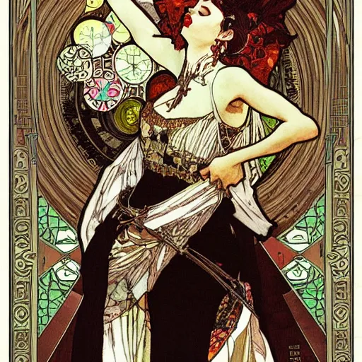 Prompt: the dark arts art by Akihiko Yoshida and Alphonse Mucha