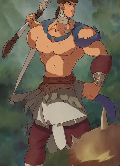 Image similar to official digital painting artwork of a male warrior character by don bluth, ross tran and studio ghibli.