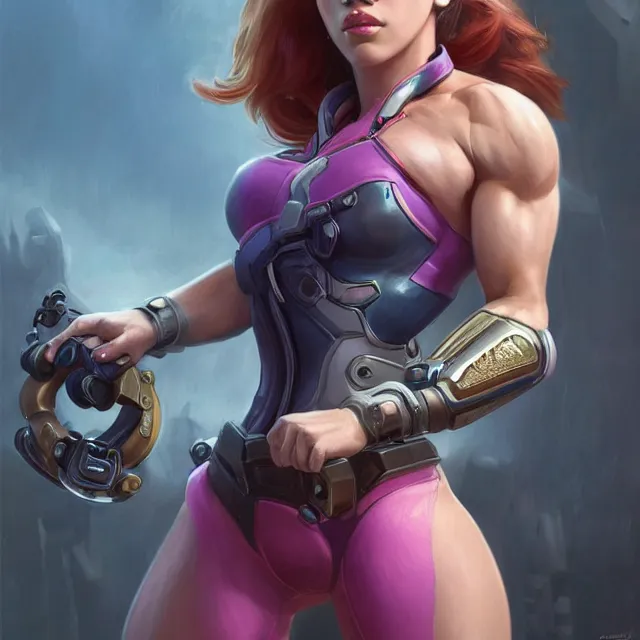 Image similar to detailed portrait of scarlett johansson as a female bodybuilder d. va from overwatch, attractive, beautiful, fantasy, intricate, elegant, highly detailed, digital painting, artstation, concept art, matte, sharp focus, illustration, art by aenaluck, artgerm and roberto ferri and greg rutkowski, epic fantasy, digital painting