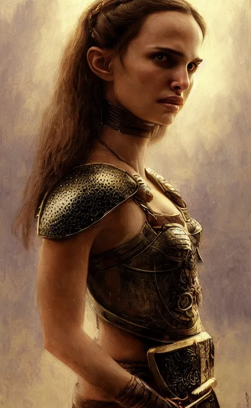 Image similar to young natalie portman as mathilda, legendary warrior, heroic fighter, lord of the rings, tattoos, decorative ornaments, battle armor, by omar ortiz, carl spitzweg, ismail inceoglu, vdragan bibin, hans thoma, greg rutkowski, alexandros pyromallis, perfect face, fine details, realistic shading photorealism