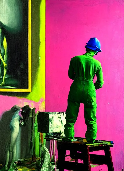 Image similar to an insane, skinny, artist wearing overalls, painting the walls inside a grand messy studio, hauntingly surreal, highly detailed painting by francis bacon, edward hopper, adrian ghenie, gerhard richter, and james jean, soft light 4 k in pink, green and blue colour palette