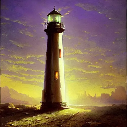 Image similar to painting of syd mead artlilery scifi organic shaped light house with ornate metal work lands on a farm, fossil ornaments, volumetric lights, purple sun, andreas achenbach