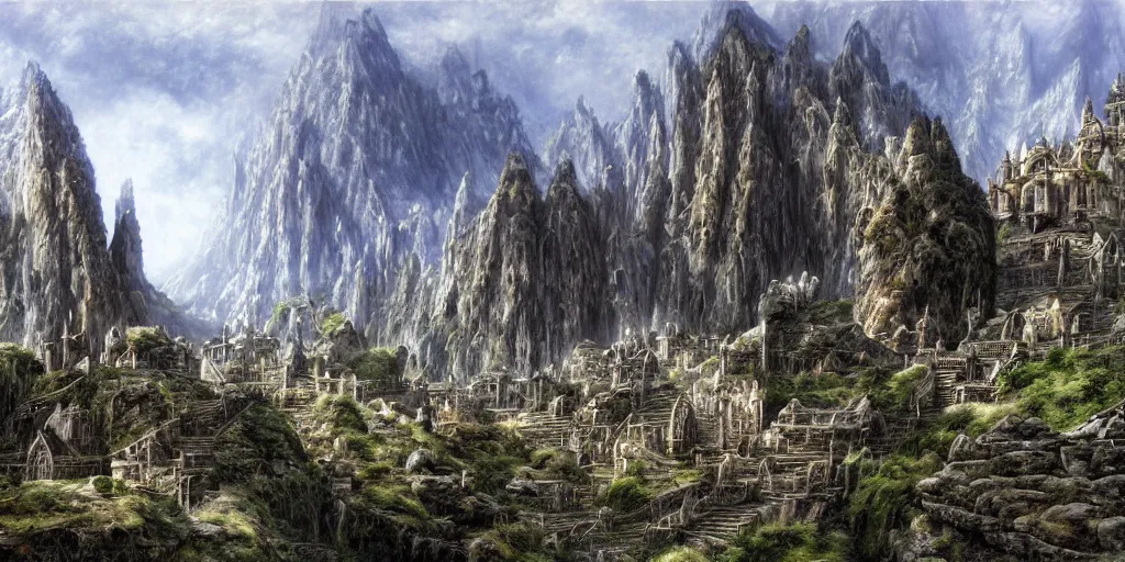 Prompt: an elven city built into the side of a mountain, pristine, by alan lee, lord of the rings, smooth, detailed terrain, oil painting, extremely detailed matte painting, trending on artstation