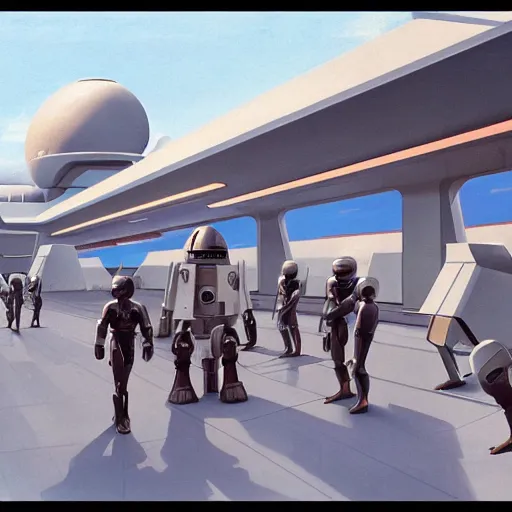 Image similar to ralph mcquarrie concept art of a futuristic mcdonalds. a space station is seen off in the distance with various droids and people walking in the foreground. a trooper is seen holding a brown mcdonalds bag.