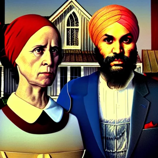 Image similar to Justin Trudeau and Jagmeet Singh in the american gothic painting, concept art, sharp focus, highly detailed digital painting by Grant Wood, artstation