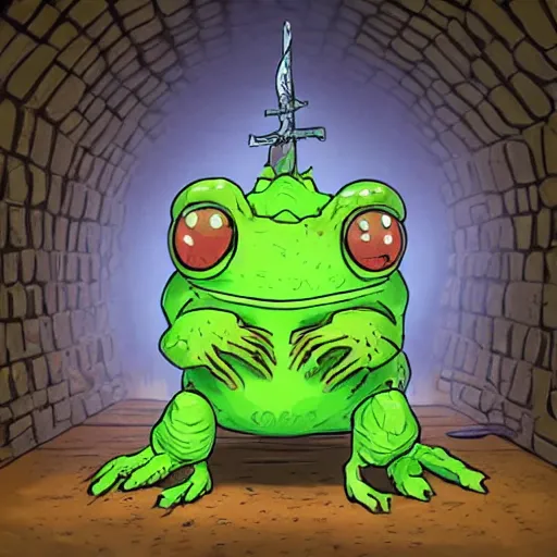 Prompt: A giant toad wearing a jacket holding a sword underground