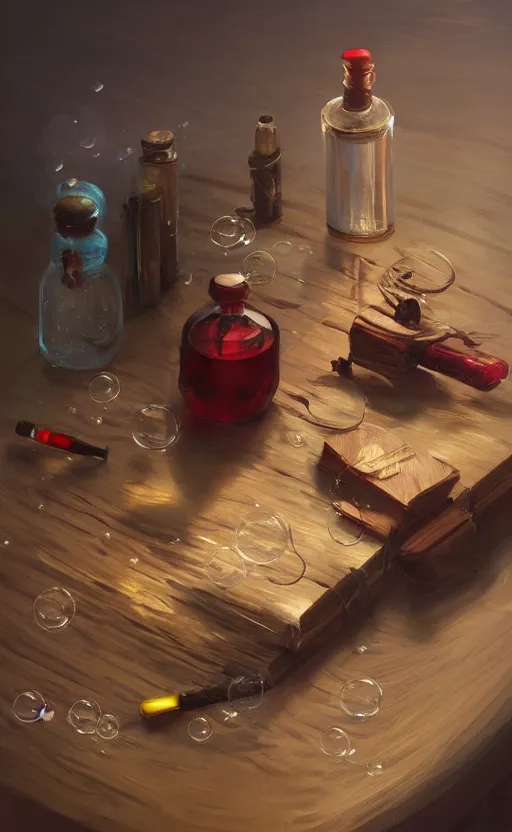 Prompt: a beautiful painting illustration of a stylized health potion on a wooden table, scratched vial, bubbles, crimson, by greg rutkowski, featured on artstation, rpg item