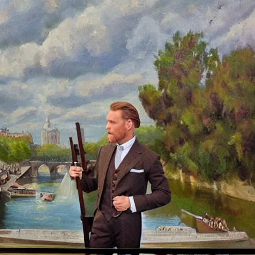 Image similar to mcgregor is dressed as a gentleman at early 2 0 th century paris. he is watching an easel. that easel has a canvas on it. ewan mcgregor has a brush on his hand. he is painting a painting. there is a brown cat with yellow eyes on ewan mcgregors feet. on background has river seine, morning sun, dark clouds, lightning, by jack kirby