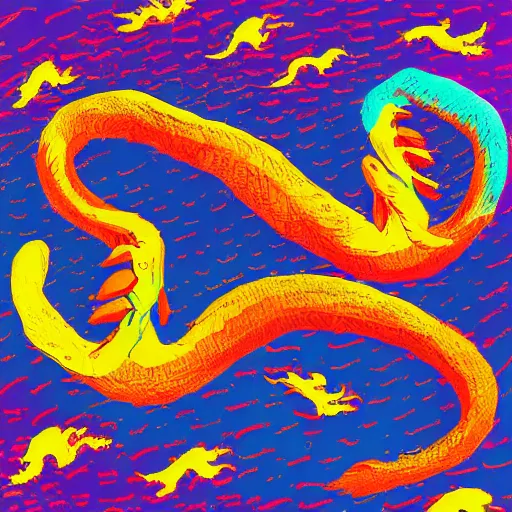 Image similar to the fighting dragons of ara nebula in the style of David Hockney, high contrast colors, brush strokes, illustration, 4K