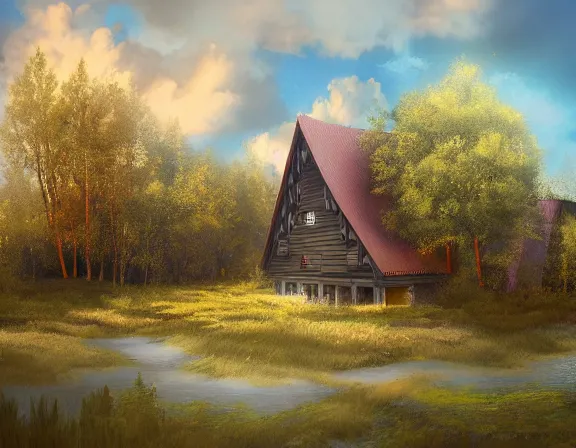 Prompt: A beautiful digital matte painting of a building in a serene landscape by Rafal Olbiński, mountains, clouds, wooded forest enclave, trending on artstation