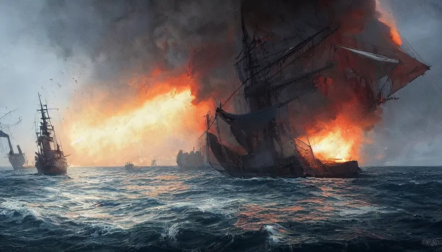 Image similar to navy sailing ship, old sailing warship attacked by fire breathing dragon as the sailing ship pulls into port by greg rutkowski