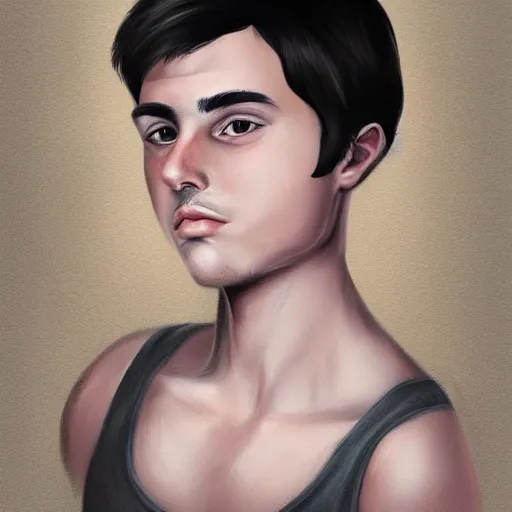 Prompt: a digital portrait of a 21 year old with black hair,hazel green eyes, drawn in the style of mark Arian