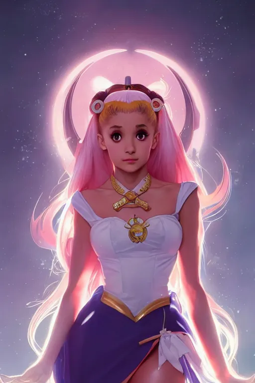 Image similar to ariana grande as sailor moon, fantasy, intricate, elegant, highly detailed, digital painting, artstation, concept art, matte, sharp focus, illustration, art by Artgerm and Greg Rutkowski and Alphonse Mucha