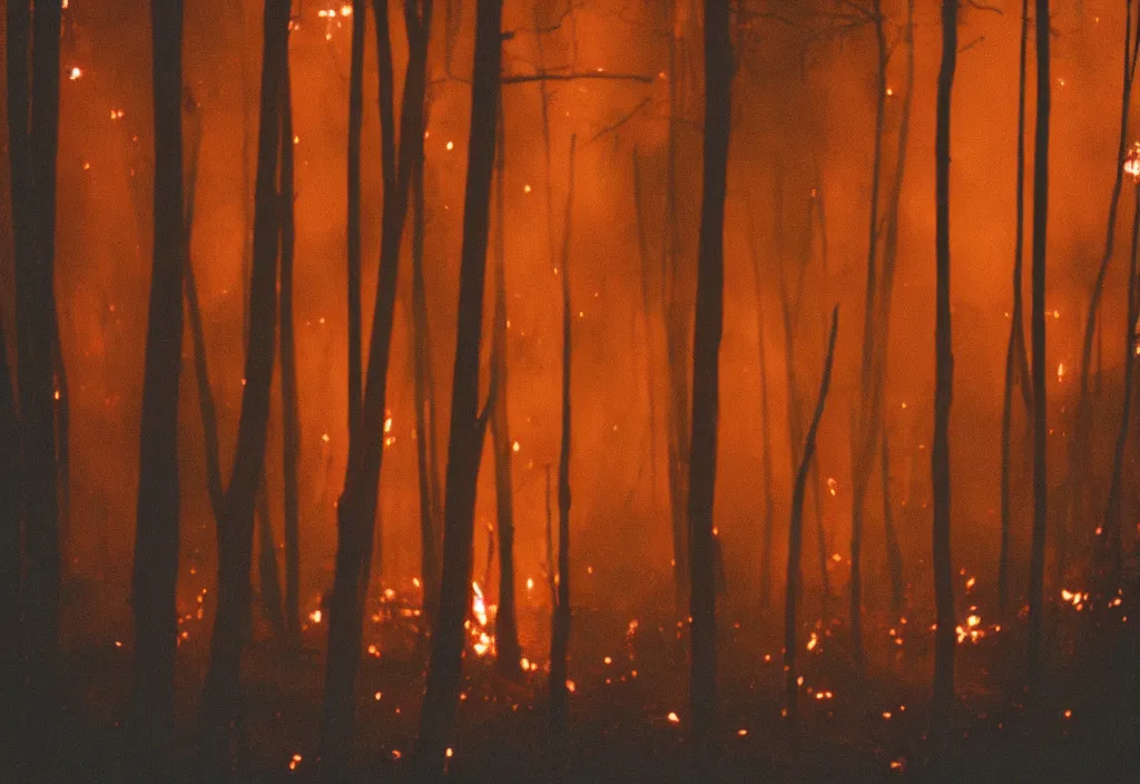 Prompt: lomo photo of a large burning forest in horizon, cinestill, bokeh, out of focus, night, dramatic lighting