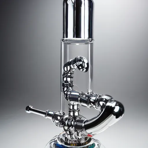 Image similar to studio photography of the world's most expensive bong, multiple and complex network of pipes, made of chrome, swarovski, detailed, ornaments, studio lighting