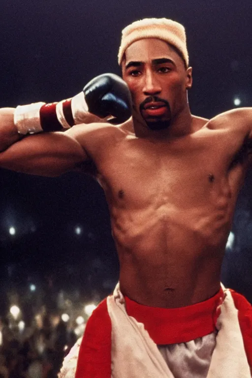 Image similar to film still of Tupac as rocky balboa in rocky, 4k