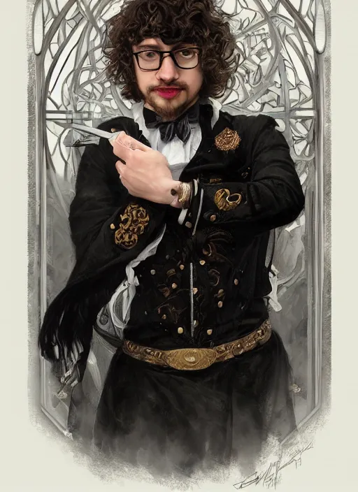 Prompt: portrait of Sam Hyde, medium black hair, Nordic crown, black suit, fantasy, intricate, elegant, realistic, highly detailed, digital painting, artstation, concept art, smooth, sharp focus, illustration, art by artgerm and greg rutkowski and alphonse mucha