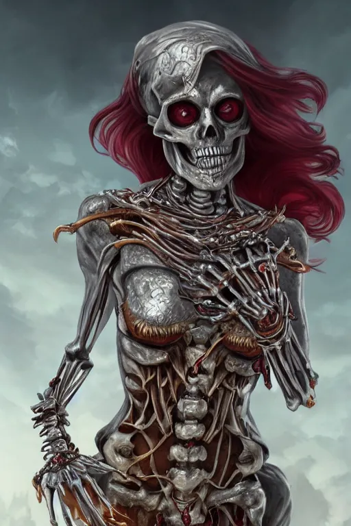 Prompt: woman lich skeleton made of quicksilver covered with blood, long red hair, golden necklace, ultra realistic, concept art, intricate details, highly detailed, photorealistic, octane render, 8 k, unreal engine. dnd art by artgerm and greg rutkowski and alphonse mucha