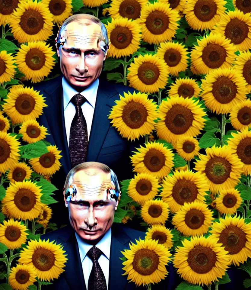 Image similar to photo portrait of Vladimir Putin - sunflowers - dressed in leisure suit with sunflower pattern and tombstone for a tie, natural skin tone, highly detailed realistic flowers ornament on suit, facial wrinkles and brows are intricate with highly detailed realistic flowers, elegant, Realistic, Refined, Highly Detailed, natural soft pastel lighting colors scheme, fine art photography by Cecil Beaton, volumetric lighting, hyper realistic photography