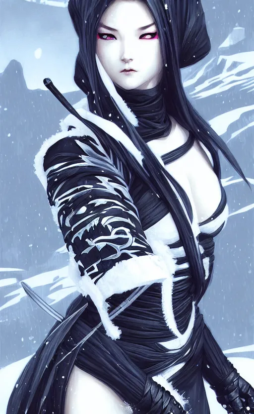 Image similar to portrait ninja gaiden girl, black plus white ninja wardrobe, at snowy fuji mountain sunrise, ssci - fi and fantasy, intricate and very very beautiful, detailed, digital painting, artstation, concept art, smooth and sharp focus, illustration, art by tian zi and wlop and alphonse mucha