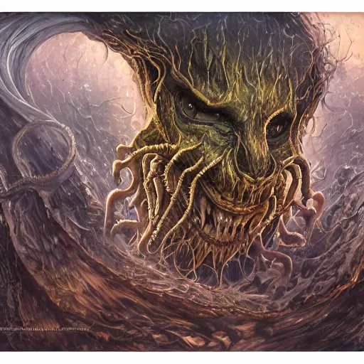 Prompt: eldritch abomination, gnashing teeth, multiple mouths, multiple eyes, oil painting, cinematic, intricate complexity, rule of thirds, in the style of Adam Paquette, Svetlin Velinov, Daarken, Artgerm, Keith Thompson, and Eric Deschamps, face by Artgerm and WLOP, magic the gathering art, character concept