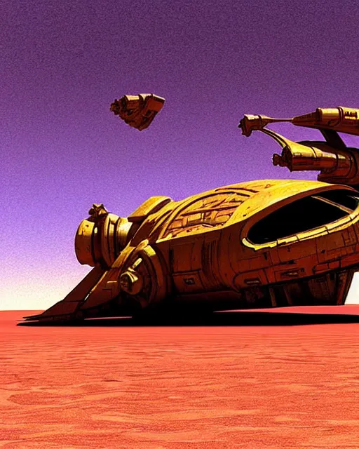 Prompt: a rusty starship in the desert in the style of chris foss and rodger dean