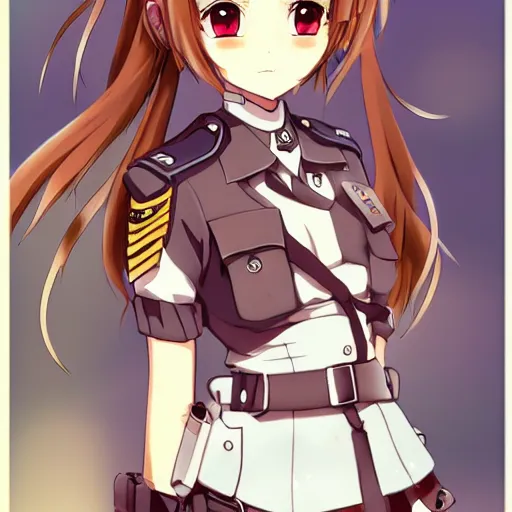 Image similar to anime girl steampunk officer, full body portrait, polaroid photograph, cinematic lighting, brown uniform, anime, studio ghibli, finely detailed,