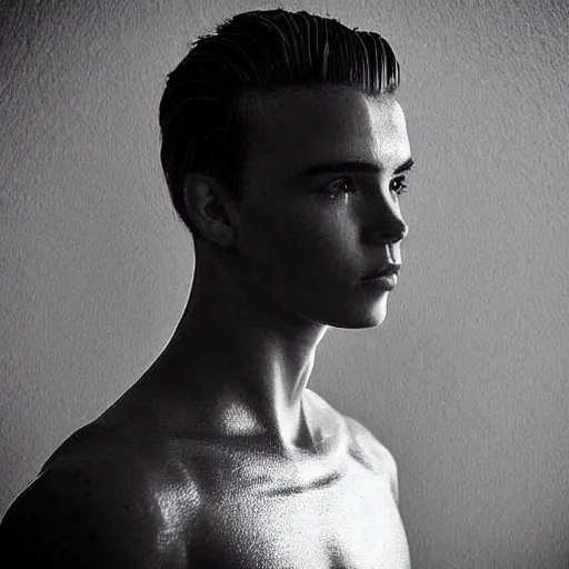 Image similar to “a realistic detailed photo of a guy who is an attractive humanoid who is half robot and half humanoid, who is a male android, Brooklyn Beckham, shiny skin, posing like a statue, blank stare”