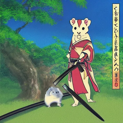 Image similar to japanese hamster samurai. with long sword. anime art. painting. sacura forest on background