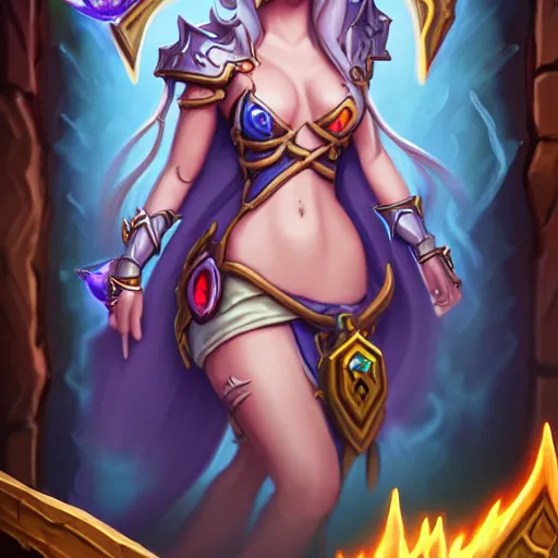 Prompt: Full body illustration of a sorceress, Hearthstone official trending art, exagerated accurate details, trending on MasterpieceStation in category 'Perfect identical eyes'