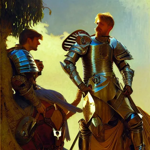 Image similar to attractive arthur pendragon and his attractive male knight, they are in love, natural lighting, path traced, highly detailed, high quality, digital painting, by gaston bussiere, craig mullins, alphonse mucha j. c. leyendecker