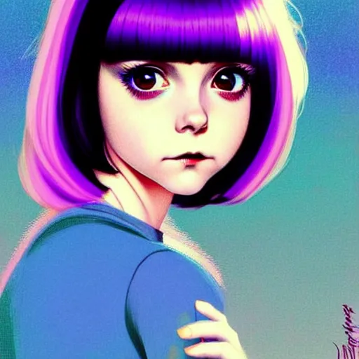 Image similar to a beautiful youth teen christina ricci as she was ramona flowers with head tilted curiously, focus close on mischievous eyes, soft skin, eighties holographic art by ilya kuvshinov monet range murata artgerm katsuhiro otomo norman rockwell, highly detailed intricately sharp focus, bedroom eyes trending on pinterest vogue italia unreal engine