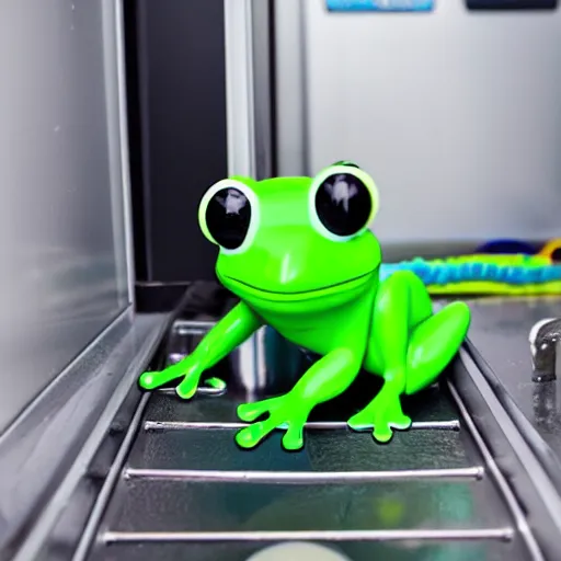 Image similar to plastic toy frog cleaning up the laundromat, pastel colors