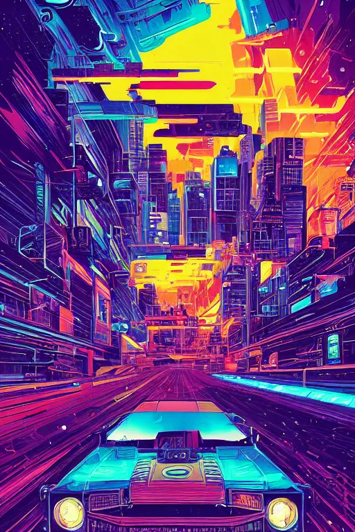 Image similar to a portrait of a Rayan Gosling with thunders in the sky in a future cybernetic city, outrun style and colours, trending on arstation, by dan mumford, by ross tran