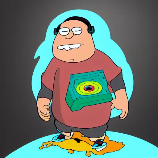 Image similar to svg sticker of a Family-Guy Peter-Griffin at a rave, spinning records, giant headphones rocking out, wearing headphones, huge speakers, dancing, rave, DJ, spinning records, digital art, amazing composition, rule-of-thirds, award-winning, trending on artstation, featured on deviantart