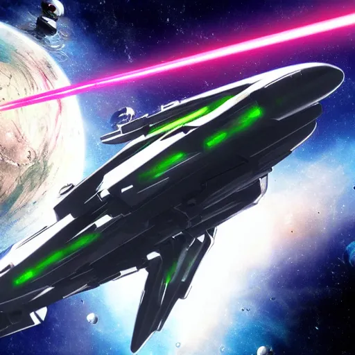 Image similar to science - fiction space battleship in combat, laser beams, explosions, space, planets, grimdark style