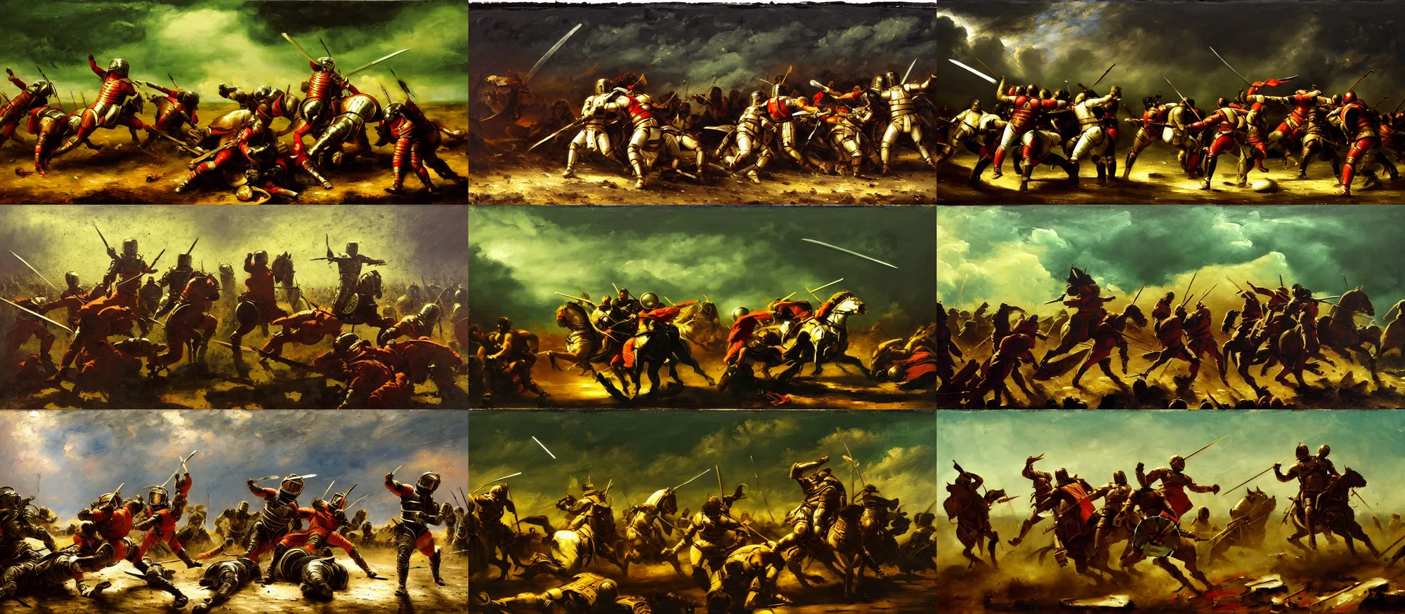 Prompt: battle scene, gladiator - astronauts with swords, lorica segmentata and sashimono, luminist style, tonalism, dramatic lighting, action scene, palette knife, frenetic brushwork, chiaroscuro, figurative art, realistic, spatter, dust, atmospheric, volumetric lighting, red iron oxide, raw sienna, and sage green