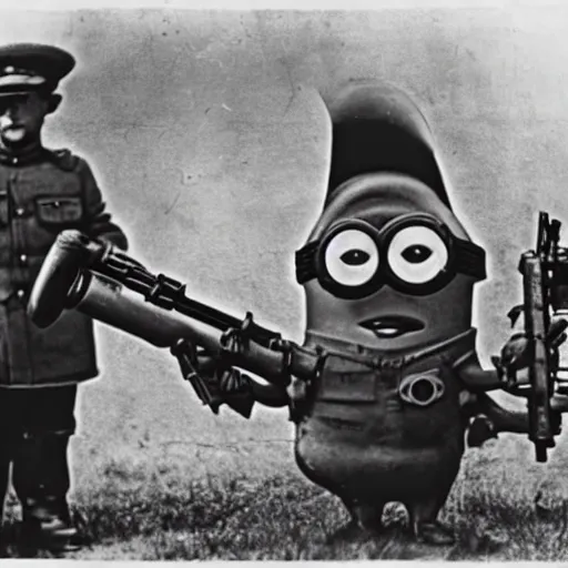 Image similar to old wartime photograph of minion from despicable me holding a lewis gun, 1 9 1 7