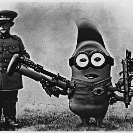 Prompt: old wartime photograph of minion from despicable me holding a lewis gun, 1 9 1 7