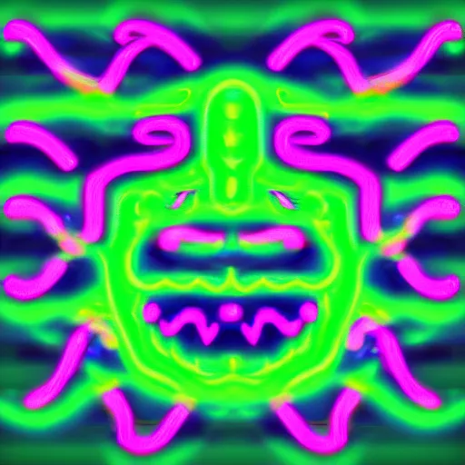 Prompt: digital art symmetrical demon face full of neon bright colours, in the dark, surrounded by smoke