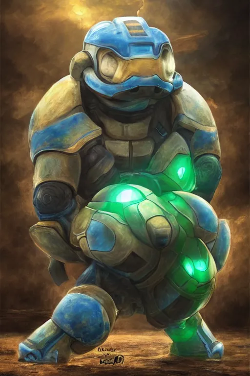 Prompt: blastoise pokemon playing as master chief, oil on canvas, intricate, 8 k highly professionally detailed, hdr, cgsociety