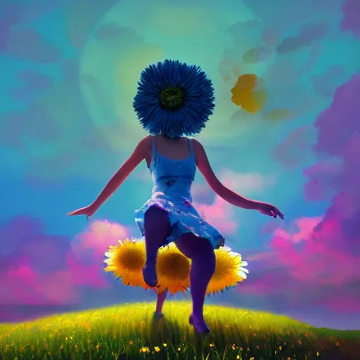 Image similar to giant daisy flower as head, girl dancing in a flower field, surreal photography, sunrise, dramatic light, impressionist painting, colorful clouds, digital painting, artstation, simon stalenhag