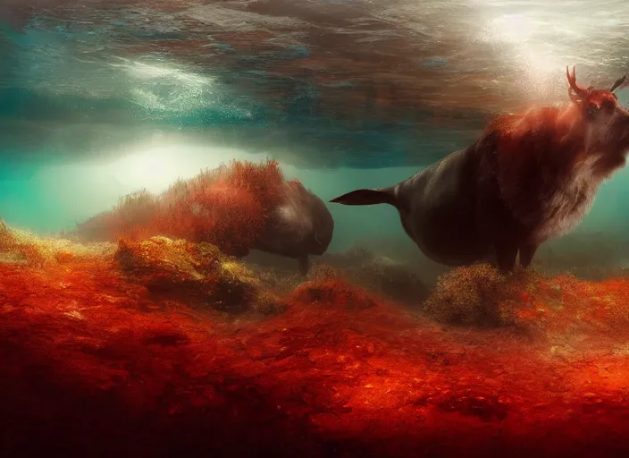 Prompt: a red deer swims in the lake of an alien planet, digital art, detailed, artgerm, artstation, deviant art, by kim keever