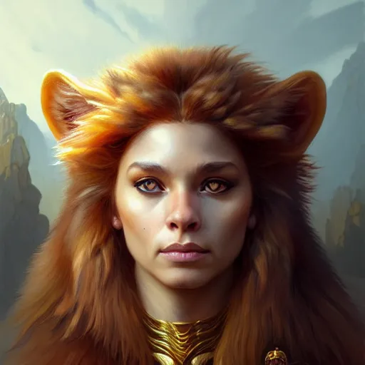 Prompt: majestic little lioness queen, d & d, portrait, highly detailed, digital painting, trending on artstation, concept art, sharp focus, illustration, art by artgerm and greg rutkowski and alphonse mucha and magali villeneuve